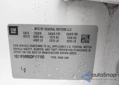 2013 Chevrolet Malibu Eco Premium Audio z USA, uszkodzony, nr VIN 1G11F5RR5DF117165